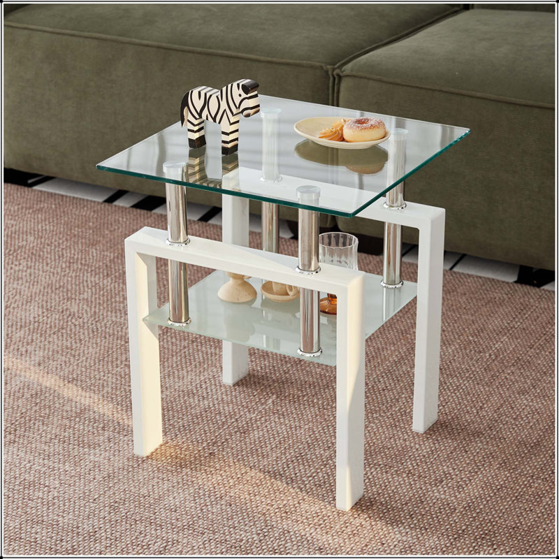 Table de bout en verre trempé blanc, Plateau transparent / base blanche