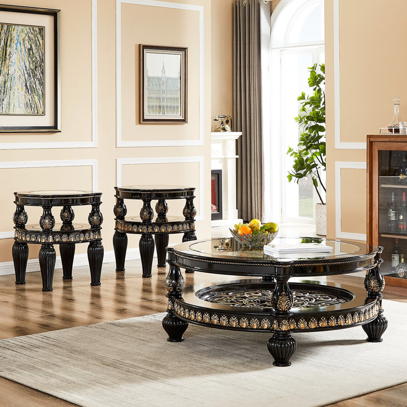 Black Enamel Gold Carved Coffee Table Composite Traditional European Design