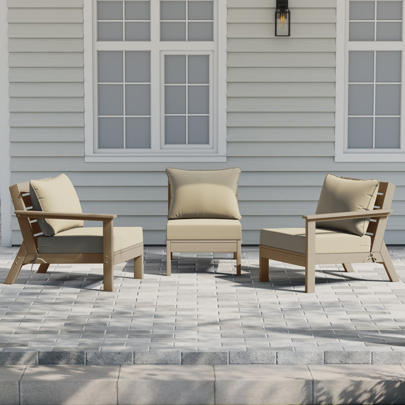 3-Piece Deep Seating Set With Cushions, Beige, Light Brown