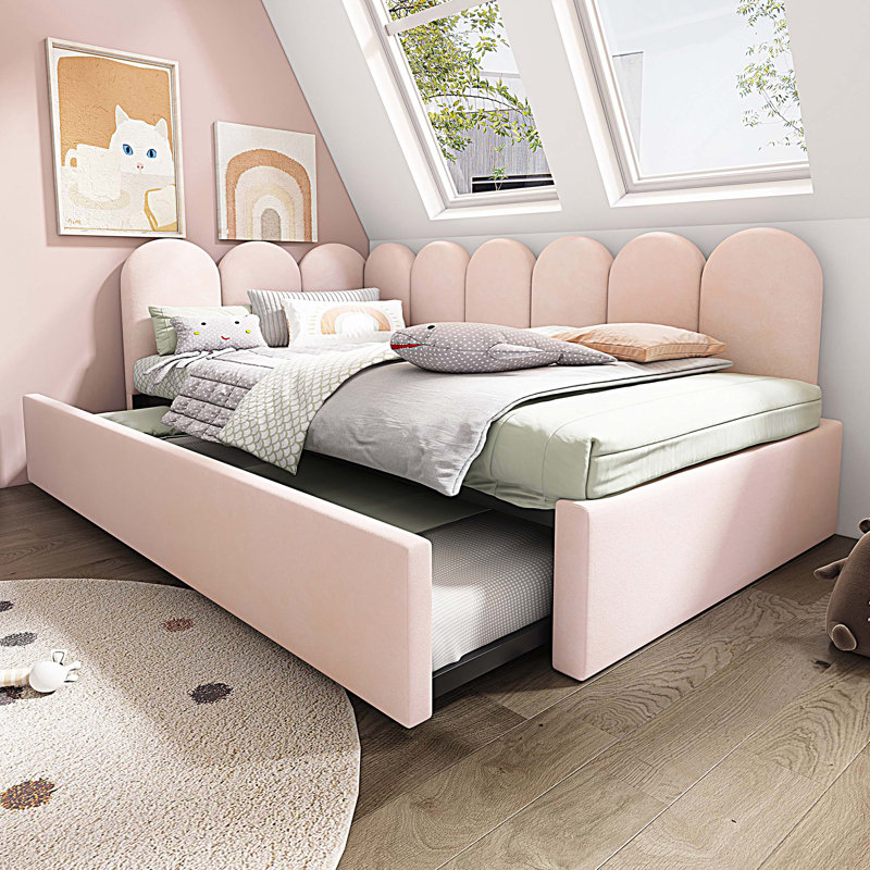 Upholstered Bed Daybed With Pull-Out Bed, Twin Size Single Sofa Bed, Guest Beds With Metal Slatted Frame, Pink