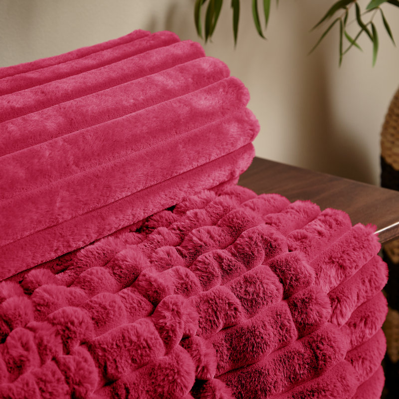 Cosy Ribbed Faux Fur Blanket Throw, Hot Pink