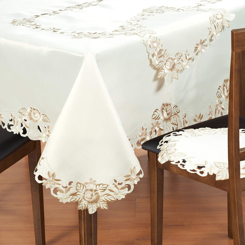 Albina Light Green Tablecloth with Lace Embroidery and Cutouts for Elegant Dining and Christmas Decor, White