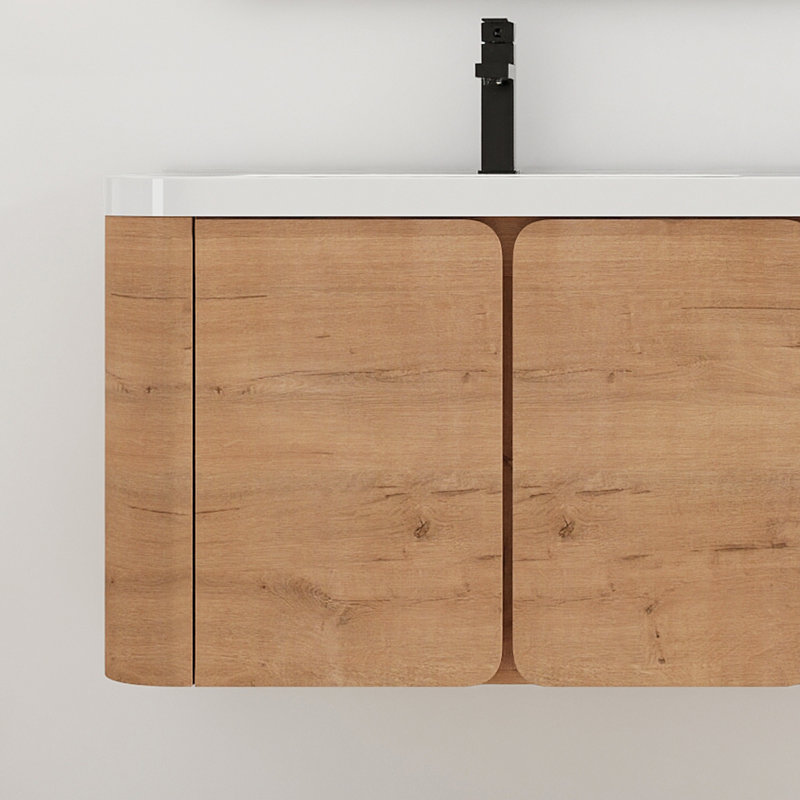Meuble-lavabo mural moderne en bois naturel 60 po style Mid-Century