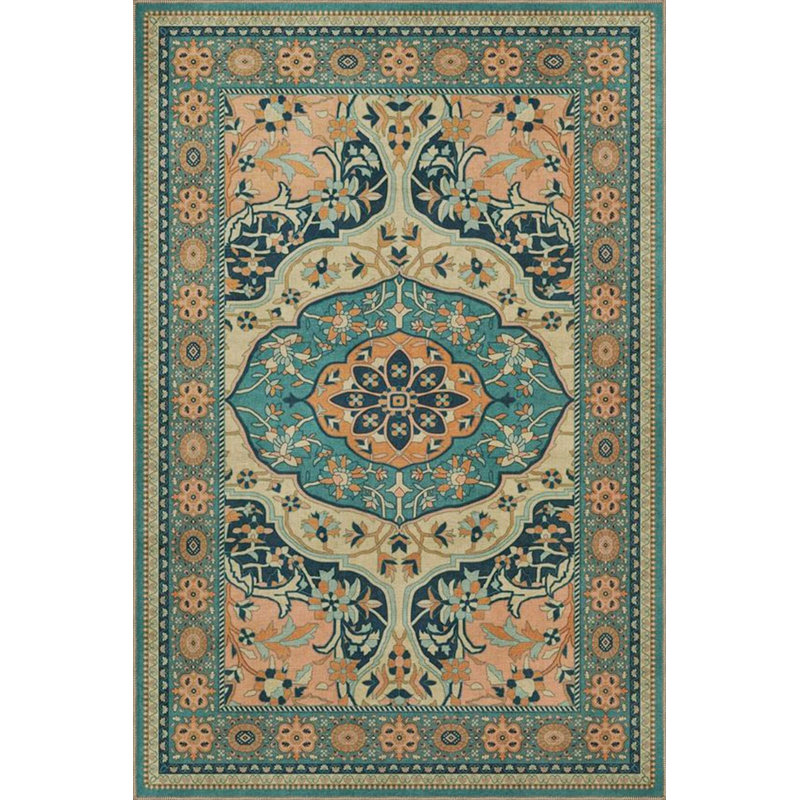 Black Green Floral Traditional Woven Base Washable Carpet, Rectangle 5'2" x 7'7"