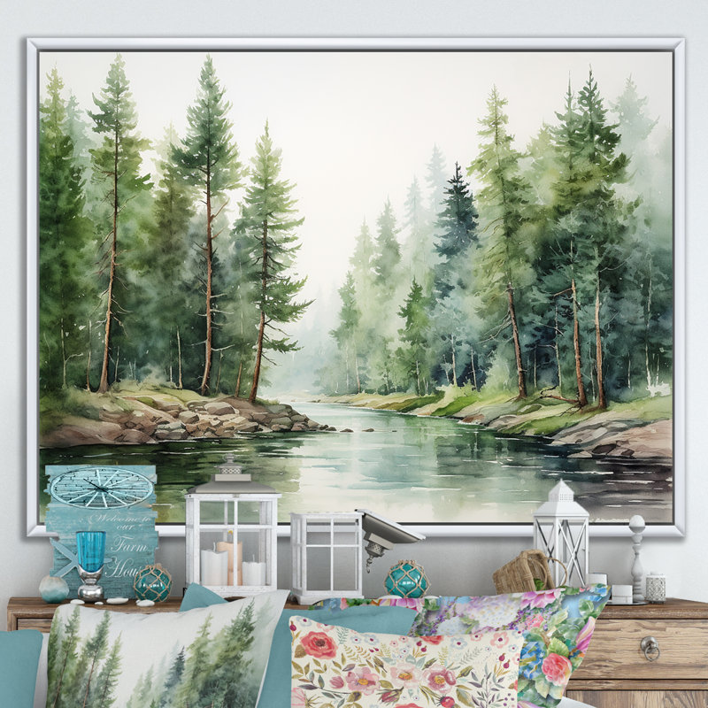 Rivière, forêt, trésor caché, paysage I, H 34 po x l 44 po x P 1,5 po, Cadre flottant blanc