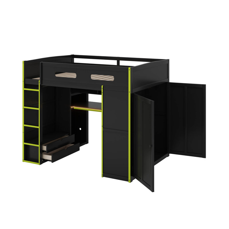 Full Size Wood Loft Bed With Desk,Wardrobe And LED Light, Green