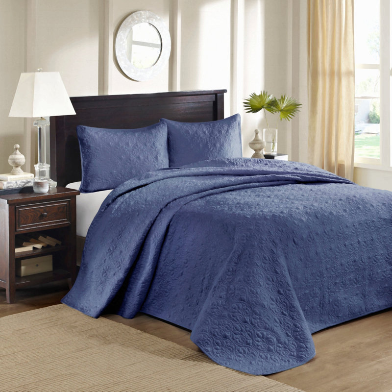 3 Piece Cotton Oversized Reversible Bedspread Set Navy Full