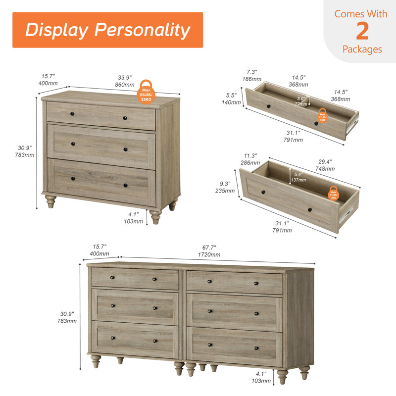 Scarlett Dresser For Bedroom With 6 Drawers, Mid Century Modern Wooden Closet Storage Organizer, Gray/Gray