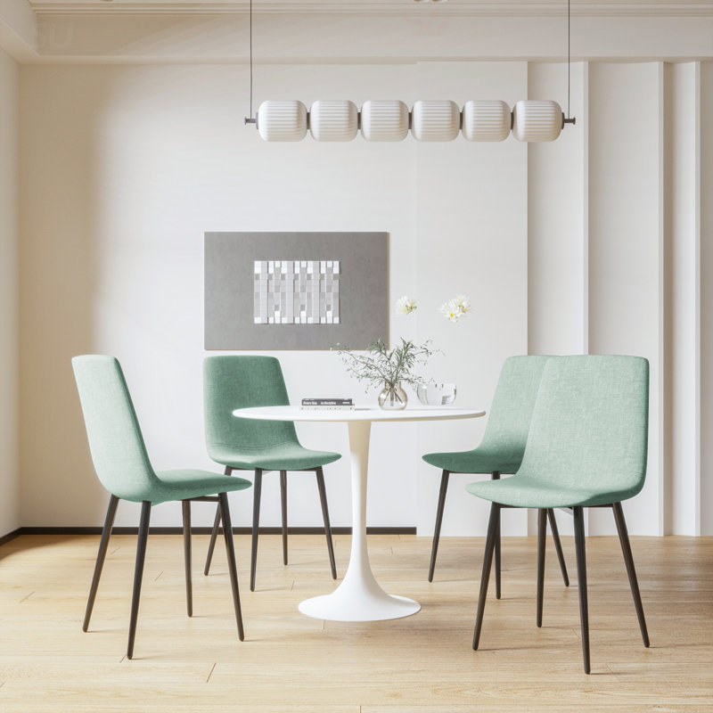 Ensemble de table de salle à manger 31,5 pouces en MDF rond pour 4 personnes, facile à nettoyer avec des pieds en métal durables et des chaises rembourrées en lin confortables