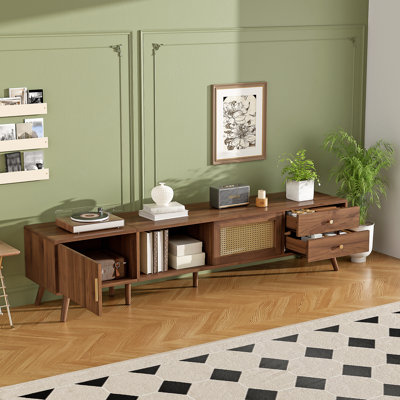 Meuble télé 76 po avec portes en rotin moderne pour téléviseur de 85 po ou moins, meuble audio-vidéo à grain de bois avec armoires de rangement, meuble télé pour salon et chambre à coucher