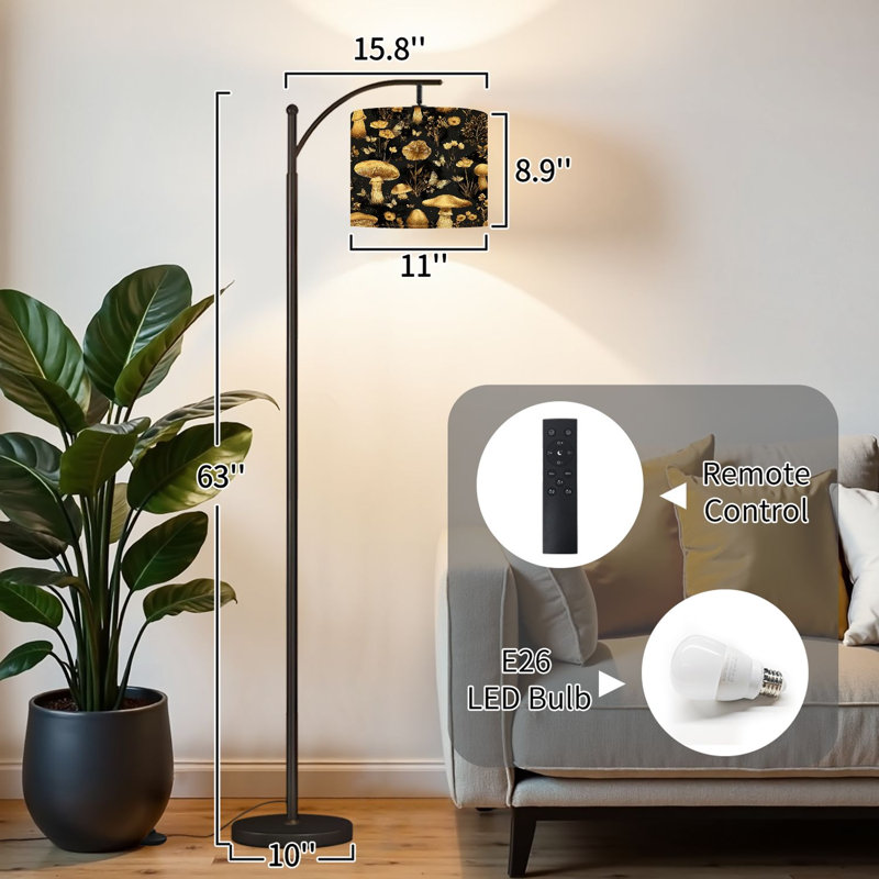 Arc Floor Lamp with Adjustable Lampshade Golden Mushrooms Butterflies Floral Black Standing Lamp 3 Color Temperatures Dimmable Tall Pole Lamp with Foot Switch for Bedroom