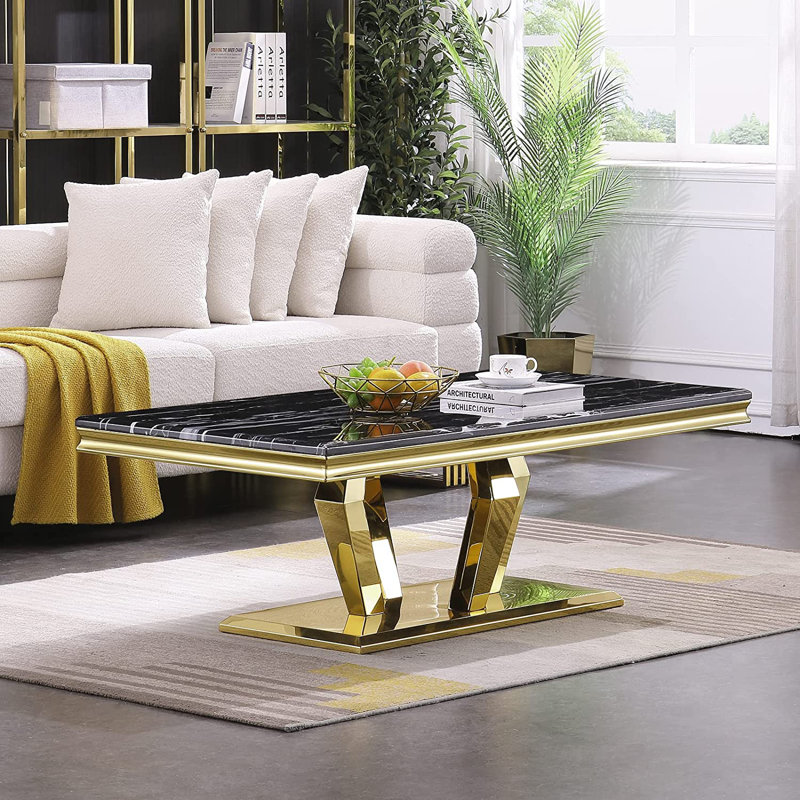 Liticia Coffee Table with Four Gold Geometric Mirror Bases and 48" Black Top
