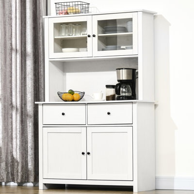 Armoire de cuisine 63,5 "avec garde-manger blanc antique. 4 tablettes, tiroirs, portes en verre. Rangez la vaisselle, les casseroles. Espace ouvert pour le micro-ondes. Apparence rustique. Caractéristique. Assemblage requis. Rangement du garde-manger.