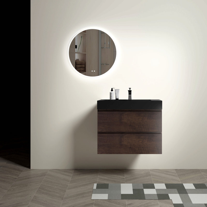 Meuble-lavabo mural de 30 po en noyer avec lavabo, grand meuble-lavabo flottant mural pour salle de bain moderne, lavabo une pièce noir sans drain ni robinet, pré-assemblé