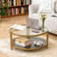 Table basse ronde en verre double plateau de 88 cm (34,6 pouces) avec espace de rangement et structure en métal doré de style luxueux.