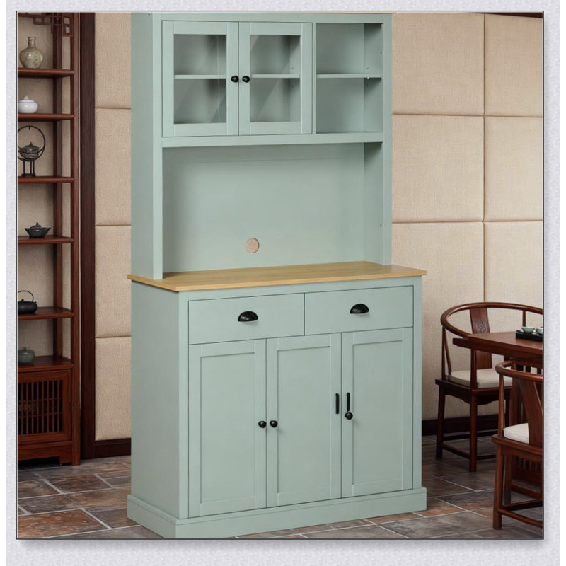 Buffet de cuisine autoportant avec huche, tiroirs, portes en verre et tablettes réglables Pantry