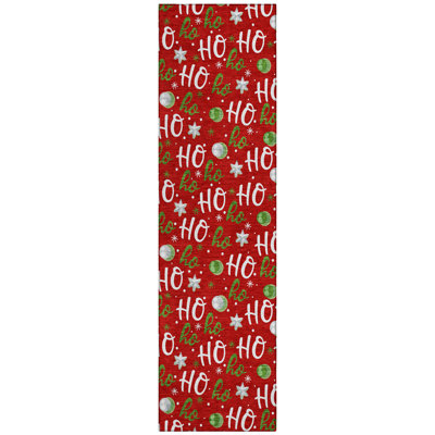Machine Washable Indoor/Outdoor Snowflake Ho Ho Ho Xhevrie Red Rug