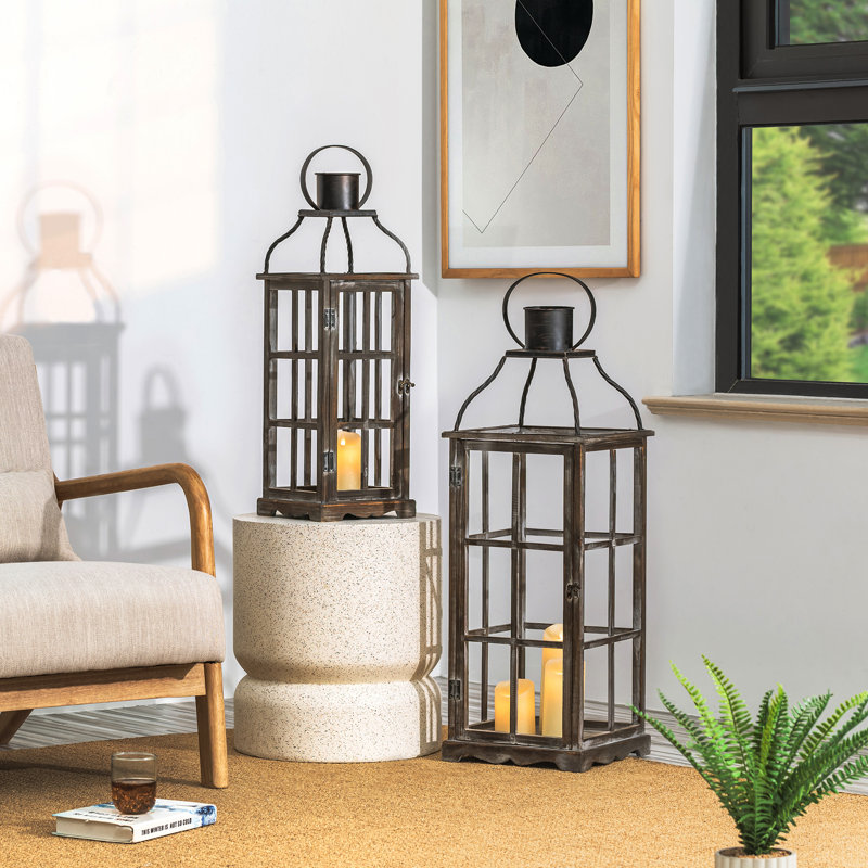 Wood and Metal Tabletop Lantern, 35.50"H, Dark