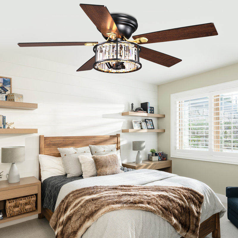 52" Black Modern Crystal Flush Mount Ceiling Fan with Light and Remote Control, 6-Speed DC Motor Light Fixture for Living Room, Bedroom