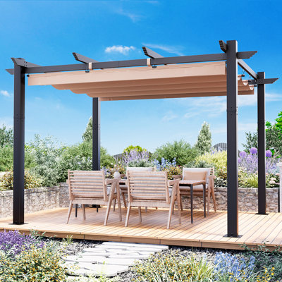 Pergola rétractable 10 pi x 12 pi, abri autoportant en métal avec auvent réglable pour abri de soleil, pavillon de jardin pour patio, beige