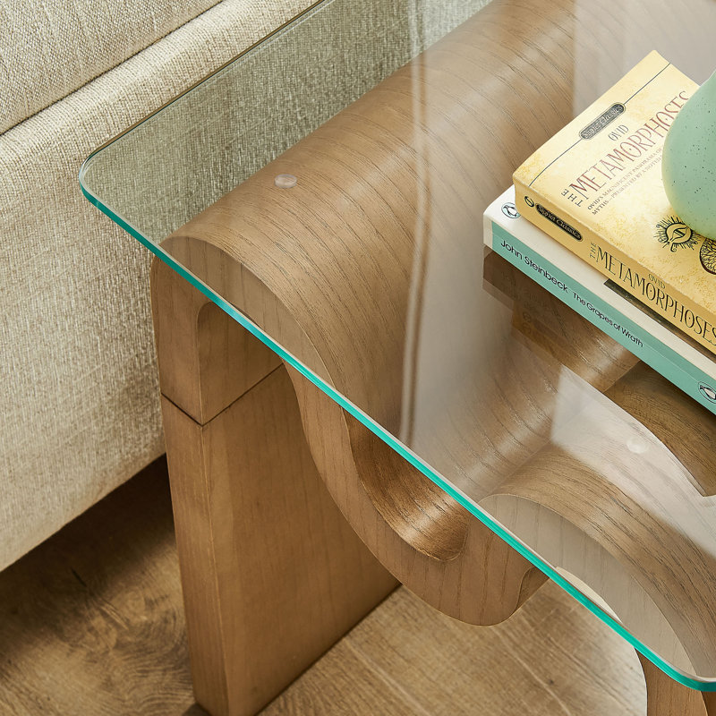 Natural Ash Veneer Wave Base Glass Top Side Table