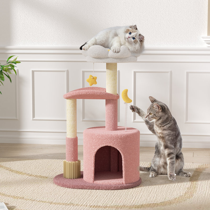 33"H Cat Tree with Platform Bed, Top Perch, Cat Cave, Scratching Post for Kittens, Pink