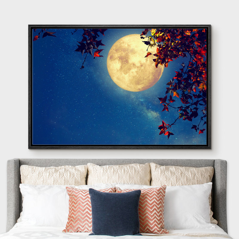 «Shining Full Moon entourée de feuilles», cadre flottant, impression sur toile, Cadre noir, H 16 po x l 24 po x P 1,5 po