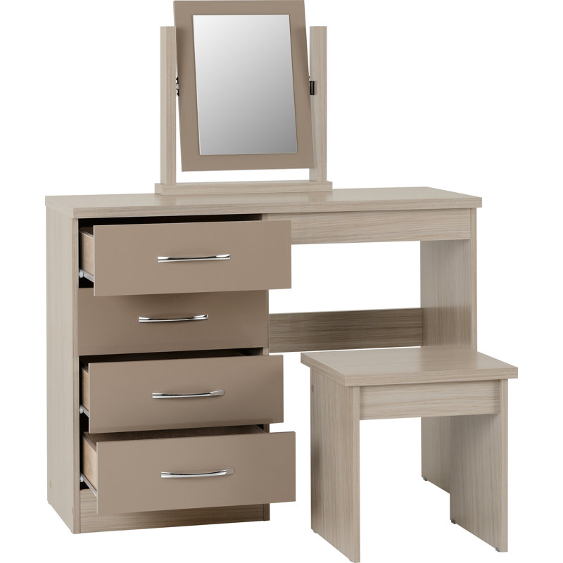Cascio Dressing Table Set with Mirror, Oyster Gloss/Light Oak Effect Veneer