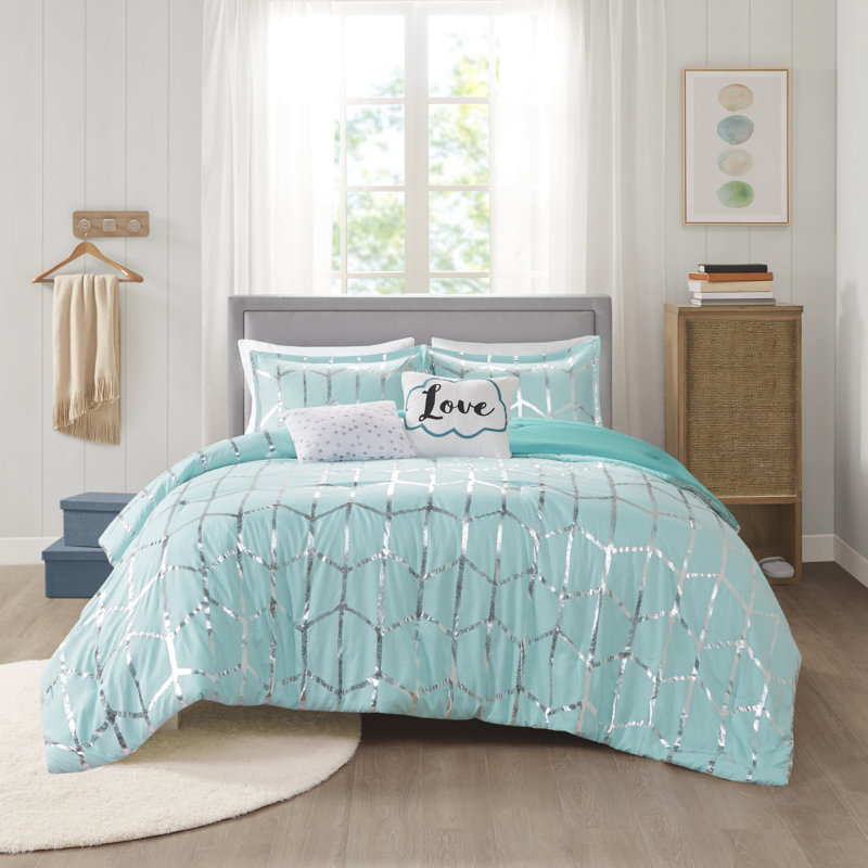 Aqua and Silver King Microfiber Comforter Set with Decorative Pillows