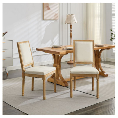  French Decor Chairs Set of 2, Beige Louis Dining Chairs with Square Backrest and Exquisitely Carved Solid Wood Frame for Living Room, Kitchen