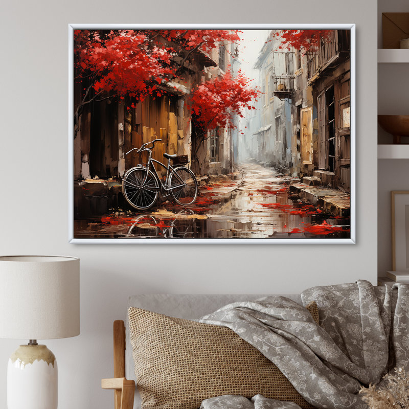 Crimson Ride Red Flowers I - Art mural de bicyclette pour le salon, H 16 po x l 32 po x P 1 po, Cadre flottant blanc