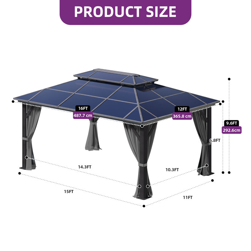 16 Ft. W X 12 Ft. D Aluminum Patio Gazebo, 16 Ft. W x 12 Ft. D