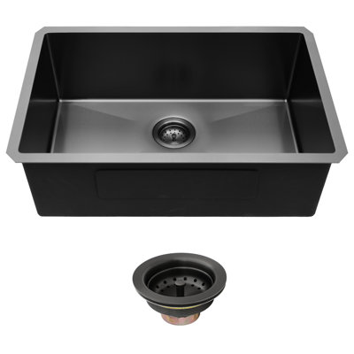 Évier de cuisine encastré noir 30 po x 18 po x 9 po en acier inoxydable T304 de calibre 16, cuve simple en acier inoxydable T304, guide en forme de X pour l'eau, revêtement pour la prévention de la condensation