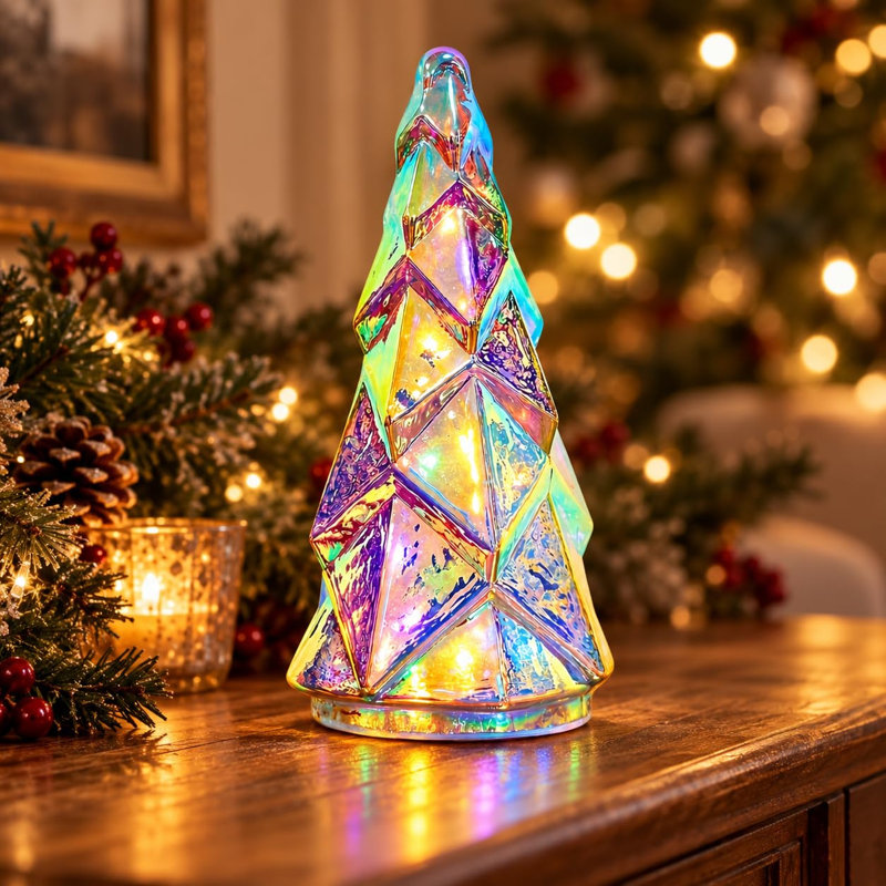 Arbre de Noël en verre 8 pouces avec lumières à DEL colorées et minuterie