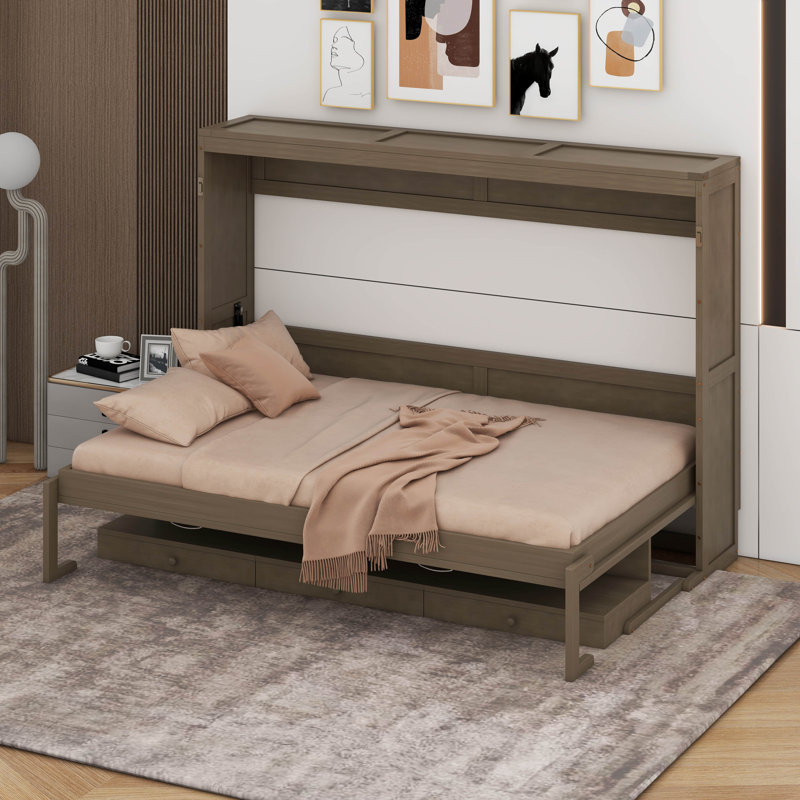 Grand lit escamotable mural avec bureau de coiffeuse, miroir central et 2 tiroirs latéraux, Gris patiné