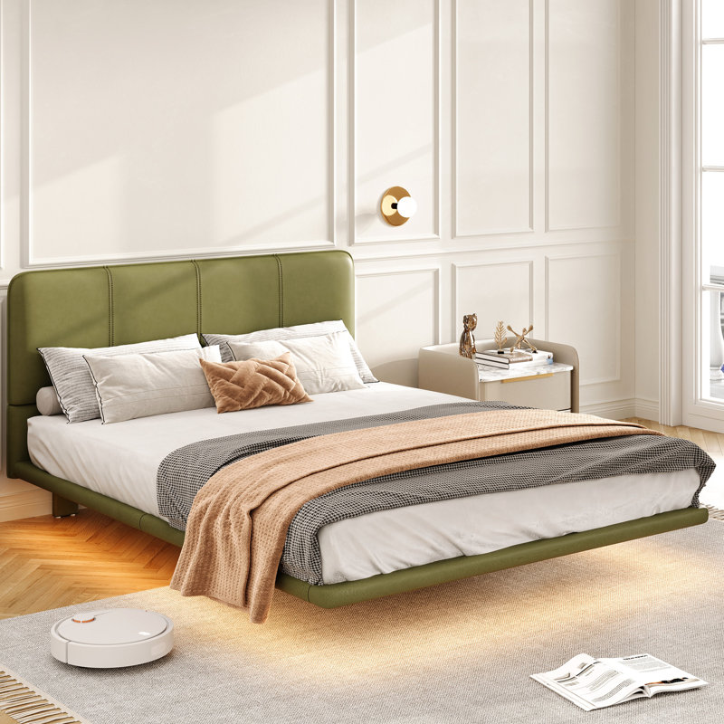 Structure de lit flottante revêtue de polyuréthane avec lumière DEL, Grand lit, Green