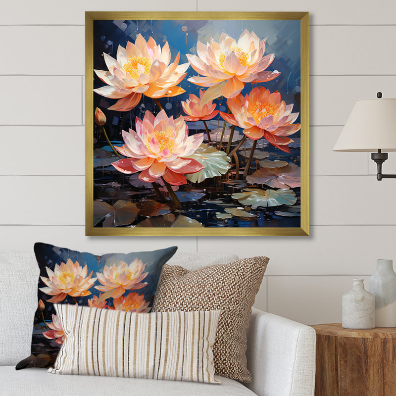 Pétales du lotus sacré sur toile, Cadre doré simple, H 30 po x l 30 po x P 1 po