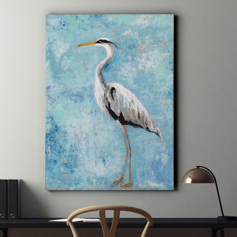« trouble matin héron ii », reproduction de peinture à l’aquarelle sur toile tendue, H 16 po x l 20 po x P 1,5 po