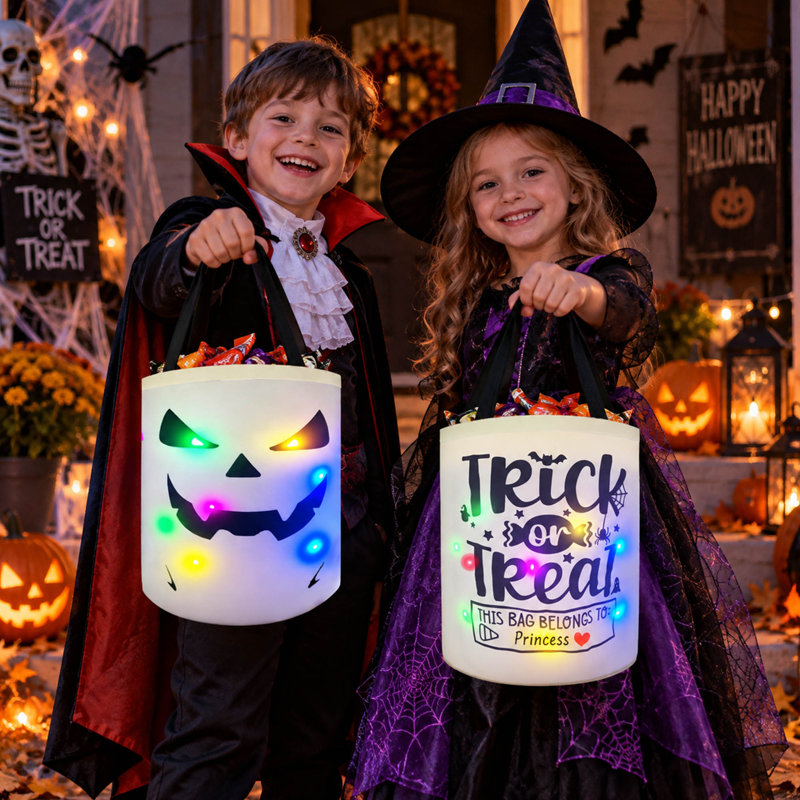 Lot de 2 seaux à bonbons fantômes lumineux avec poignées pour l'Halloween
