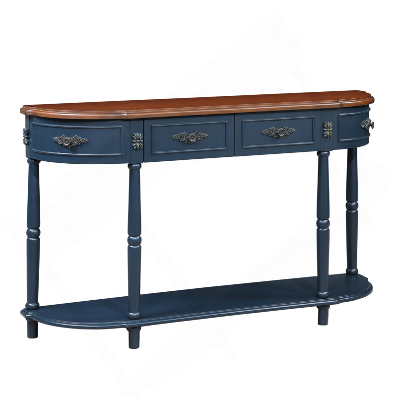 Console rétro en bois courbé, canapé demi-lune circulaire de 52 pouces avec tablette ouverte et 2 tiroirs, table d'entrée en bois massif pour le salon, couloir, bleu marine et plateau brun