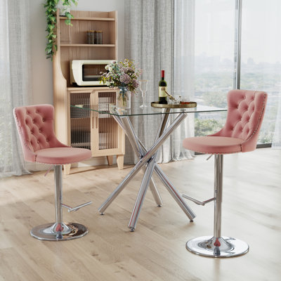 Modern 3/5-Piece Bar Table Set with Tempered Glass Top and Sturdy Metal Base, Velvet Swivel Bar Stools with Adjustable Height, for the Kitchen, Dining Room, and Entertainment Areas