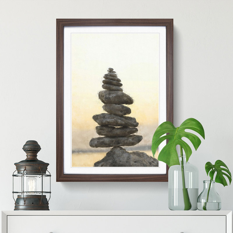 Balancing Zen Stones - Picture Frame Painting Print, 45cm H x 33cm W x 2cm D, Walnut Framed