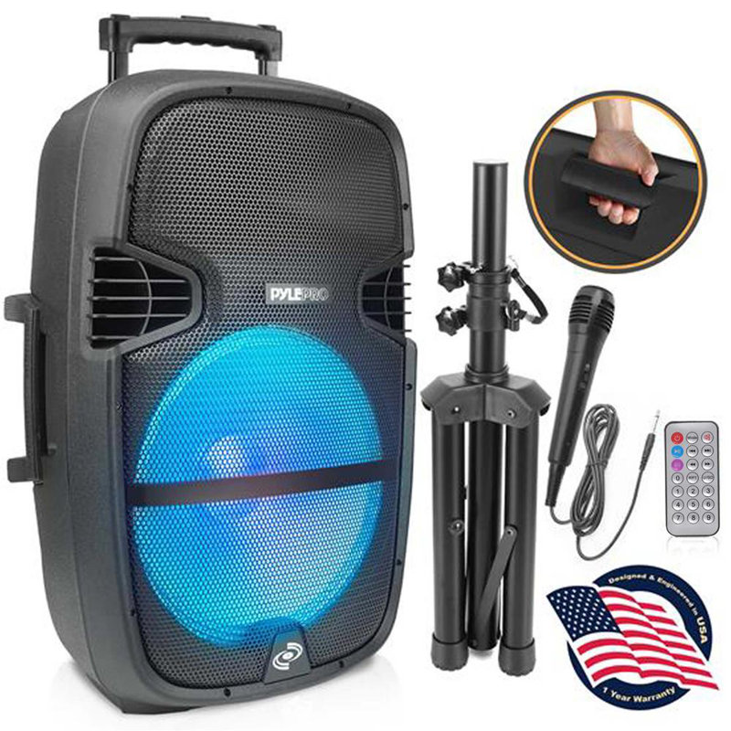 Enceinte de sonorisation portable Bluetooth Pyle - Système de haut-parleurs d'extérieur Bluetooth 1000W avec microphone, lumières de fête, lecteur de carte SD USB, radio FM, roues - télécommande, trépied PPHP1548B, NOIR, BLEU
