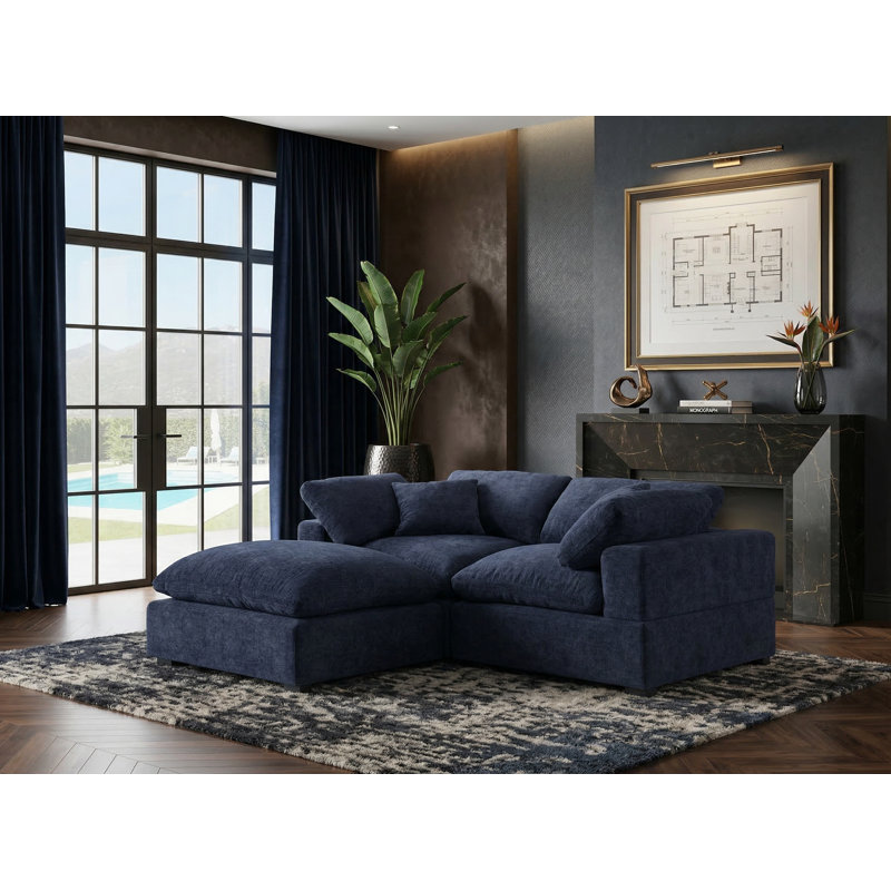 Caylob 3 - Piece 79.6" Upholstered Sofa Loveseat Couch With Ottoman, Navy Chenille