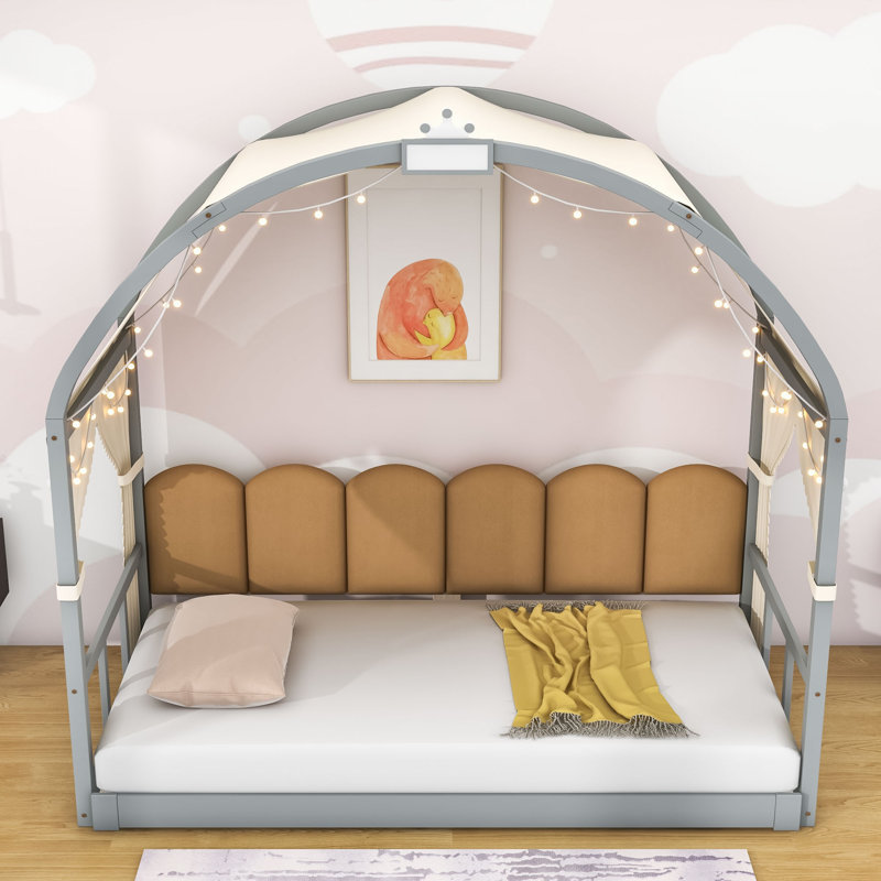 Lit simple allongé avec tente intégrée, bande lumineuse et tableau blanc interactif, Gris