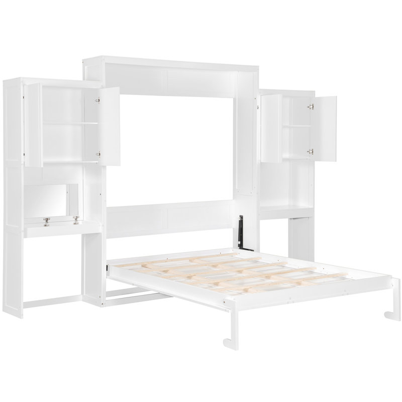 Grand lit blanc avec bureau, meuble-lavabo et rangement, de haute qualité pour une chambre à coucher de qualité moderne