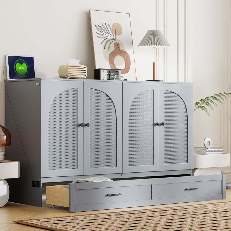 Grand lit escamotable avec grands tiroirs, Gris, Grand lit