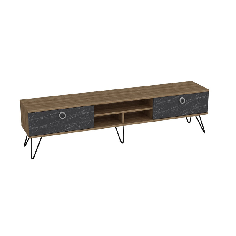 Modern Walnut & Black TV Stand with Metal Legs, 70.9 x 17.9 x 13.8 inches | 100% Melamine Coated Particle Board, 0.7 inches Thick | Wall-Mountable, Numerous Shelves, Elegant Storage Solution for Living Room & Entertainment Spaces