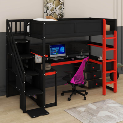 Lit mezzanine avec bureau et escalier de jeu, lit mezzanine en bois avec tablettes et panneau perforé