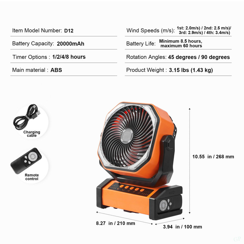 Portable Fan Rechargeable 9 Inch, Battery Powered Fan With LED Lantern, 4 Speeds Adjustable & 45°/90°Automatic Swivel & Timer , USB Battery Operated Fans For Travel Bedroom Home Camping Office